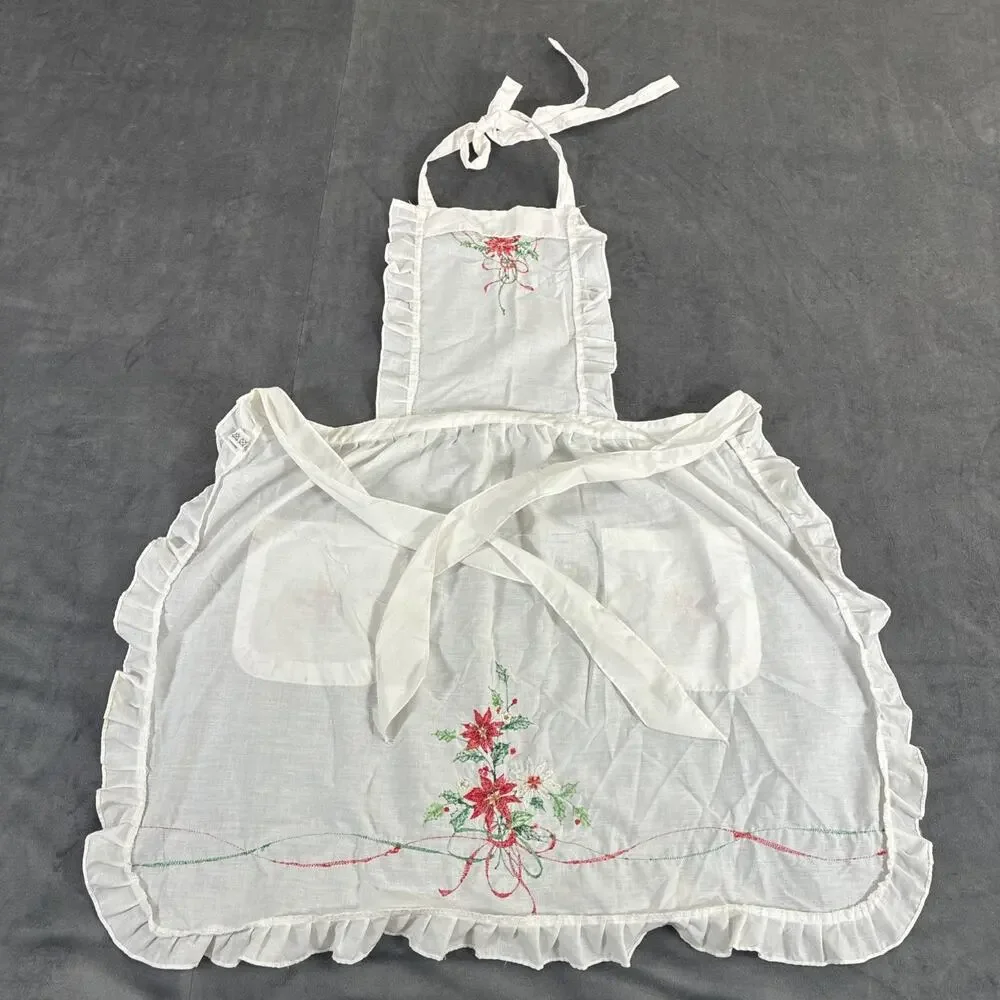 Vintage Lot of 2 Christmas Aprons, 1 Half, 1 Full Embroidered White & Red Chrty